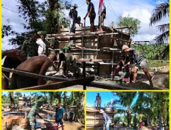 Di Tengah Terik Matahari, TNI dan Masyarakat Berjibaku Mengecor Abutmen Jembatan Perintis di Cibubukan